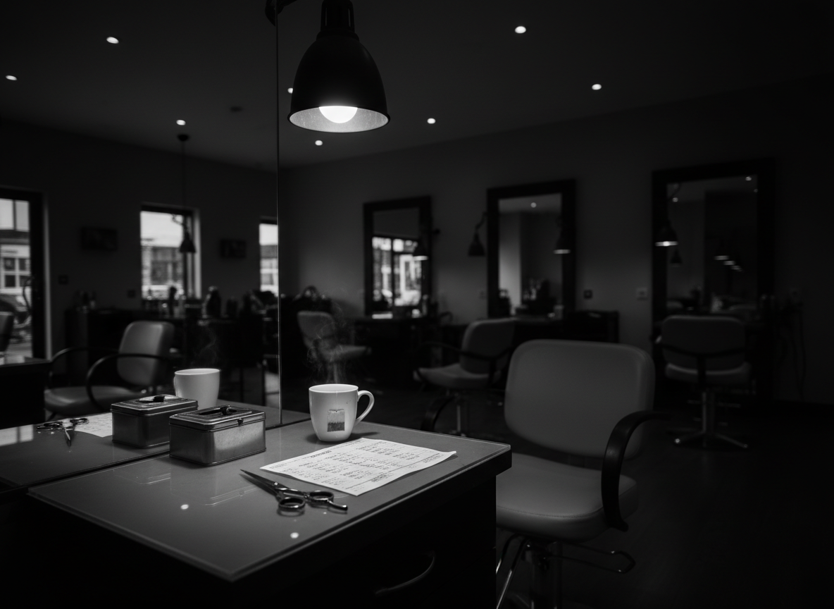 An empty salon interior captured in photographic realism during closing time, with one styling station illuminated by a single warm spotlight. On the counter, a pair of scissors lies next to a slightly crumpled appointment sheet with crossed-out bookings, a closed tip box, and a simple ceramic cup of cooling tea. The rest of the salon recedes into soft darkness, with only faint reflections in the mirrors. The mood is introspective and contemplative, suggesting a moment of professional setback or doubt. Shot at eye level with strong contrast between light and shadow, the composition uses negative space to emphasize resilience and the quiet determination required in a hairstylist’s career.