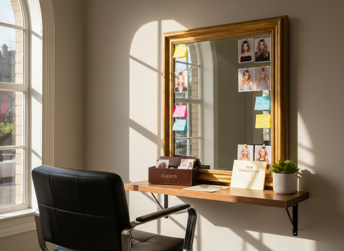 A sophisticated consultation scene represented without people: an elegant styling chair slightly angled toward a wide mirror, where Post-it notes and small printed reference photos are neatly arranged along the frame, showing various hairstyles and color transformations. On the counter, a leather-bound client card box, a pen resting atop neatly stacked consultation forms, and a small, thriving green plant add texture and life. Natural afternoon light filters through a side window, gently brightening the space and creating soft reflections in the mirror. The composition follows the rule of thirds from an eye-level perspective, with a calm, trusting mood that hints at deep client relationships and thoughtful communication in a hairstylist’s business.