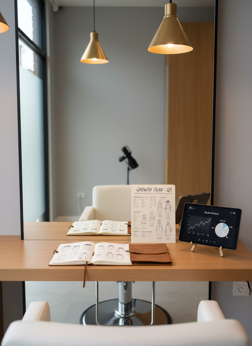 A close-up, photographic-realistic scene of a spotless styling chair facing a large mirror, where a carefully handwritten note and an open leather notebook rest on the counter, filled with sketched haircut diagrams and service menus. Beside them, a sleek tablet displays charts and graphs, hinting at rising sales and client retention. Soft overhead pendant lighting and gentle window light create balanced illumination, casting subtle shadows that add depth without harshness. The salon interior is modern and minimalist, with muted gray walls and accents of warm wood. Shot from a slightly elevated angle, the mood is aspirational and organized, evoking a sense of intentional career design for hairstylists.